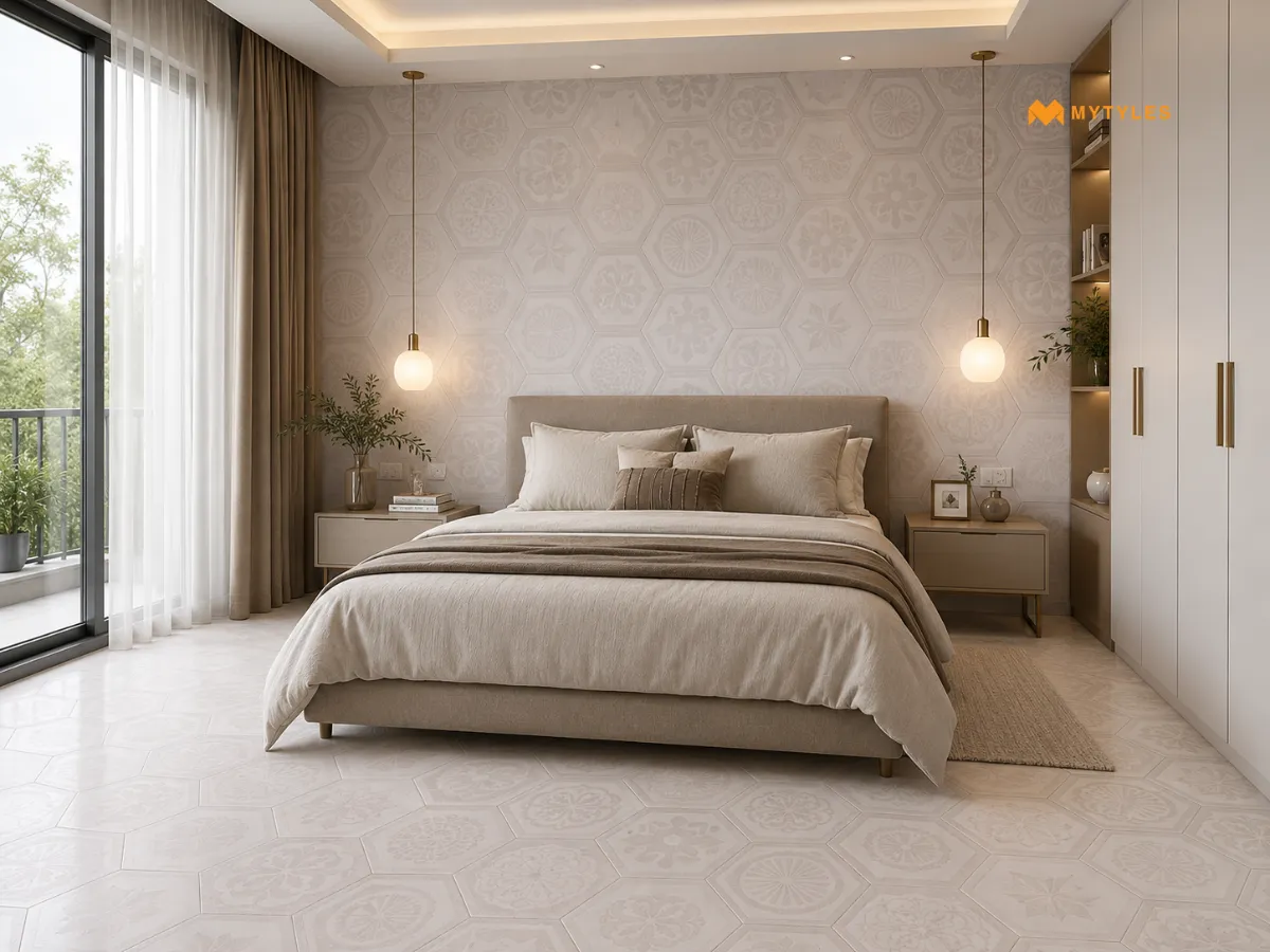 Designer Hexagon Wall and Floor Tiles in Bedroom